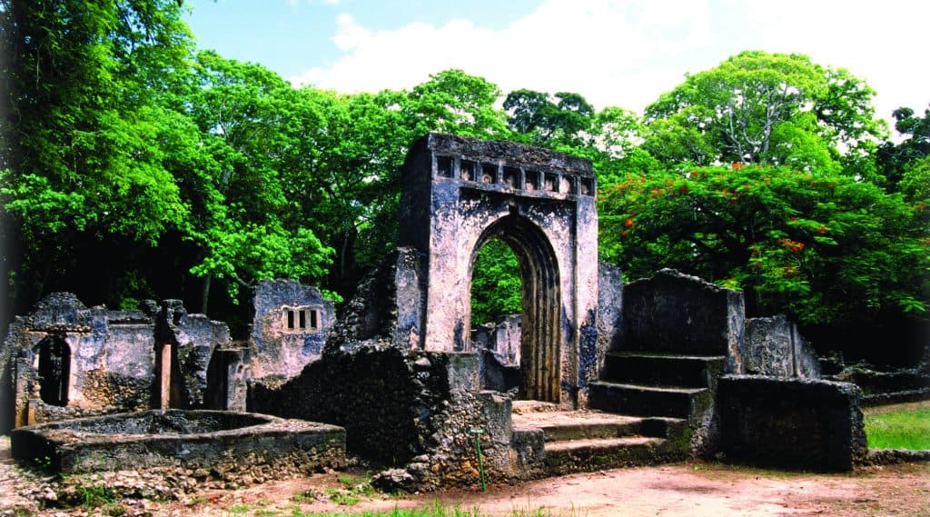 Remains of ancient buildings in Gede ruins.