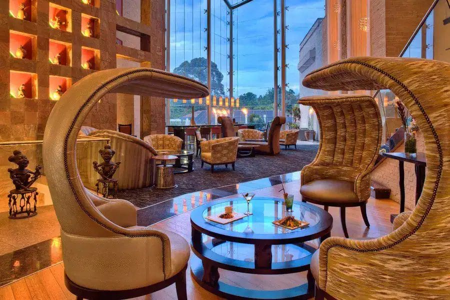 A hotel lobby design with a mid century touch.